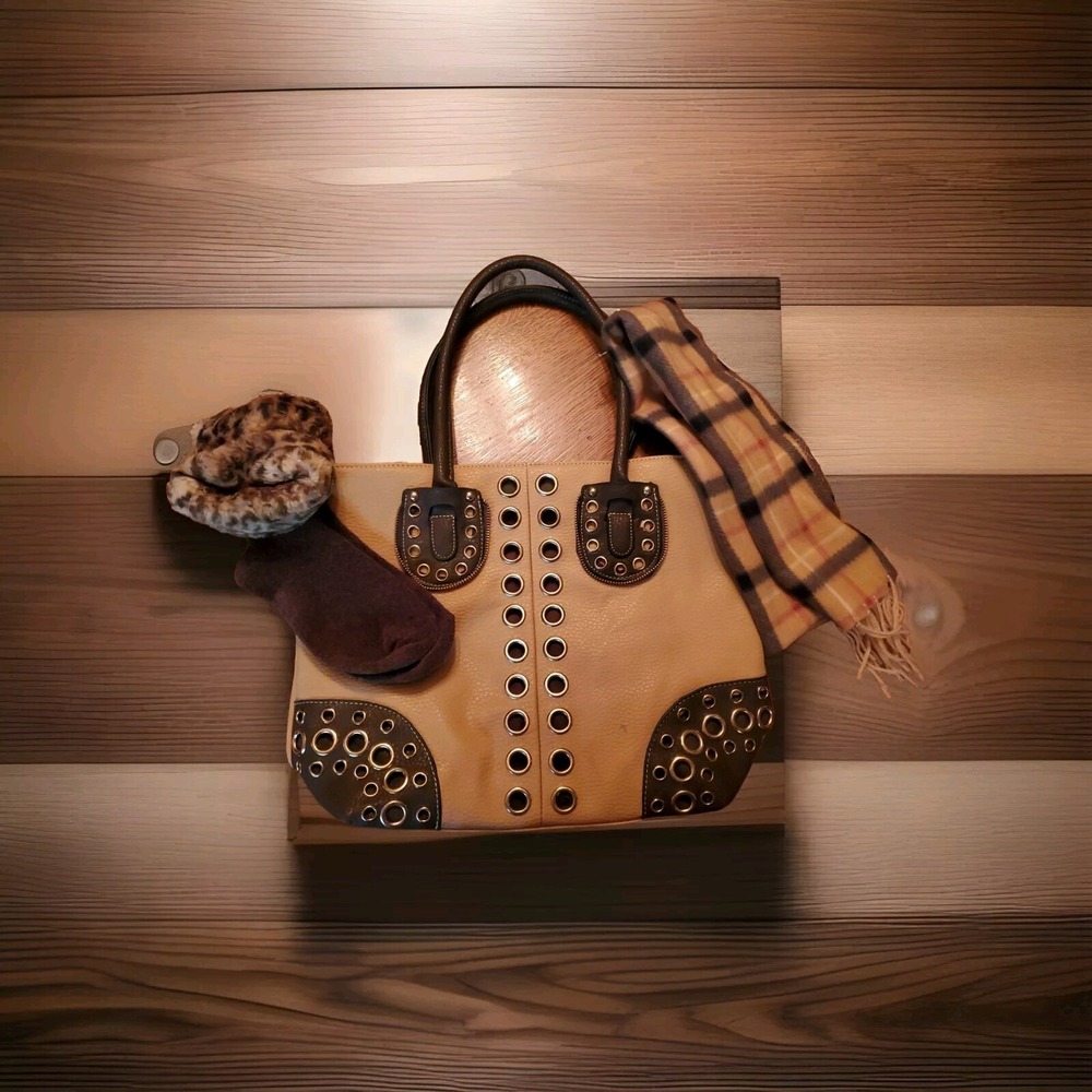 Tan Brown Faux Leather Grommet Tote Bag Purse Plaid Scarf & Leopard Socks Set‎